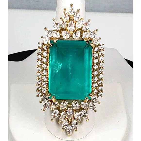 Signed Princess Doublet Natural Emerald with CZ 18KGL Size 9 Cocktail Ring - Picture 2 of 16